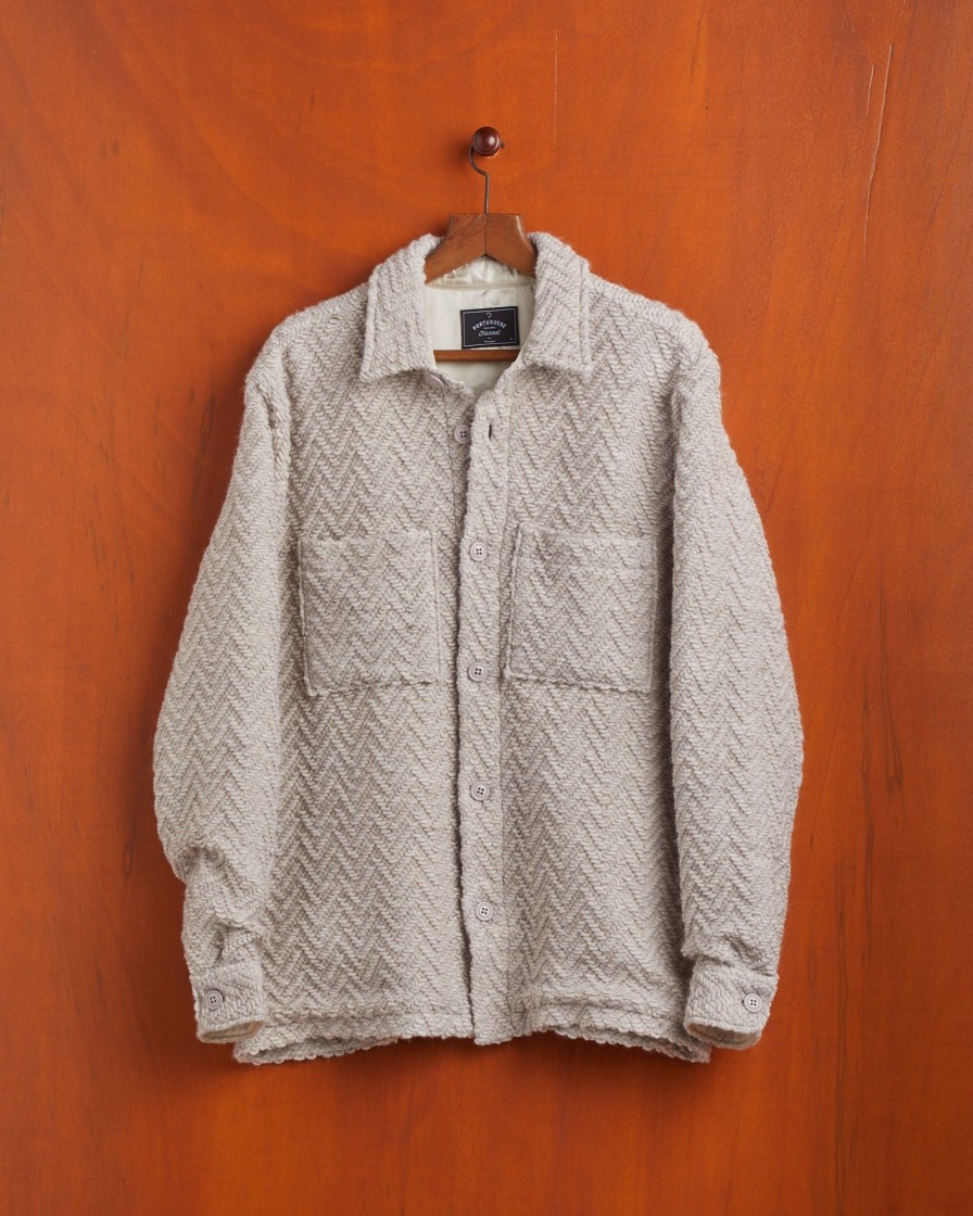 Kleidung Portuguese Flannel | Gestricktes Fischgrat-Overshirt Ecru